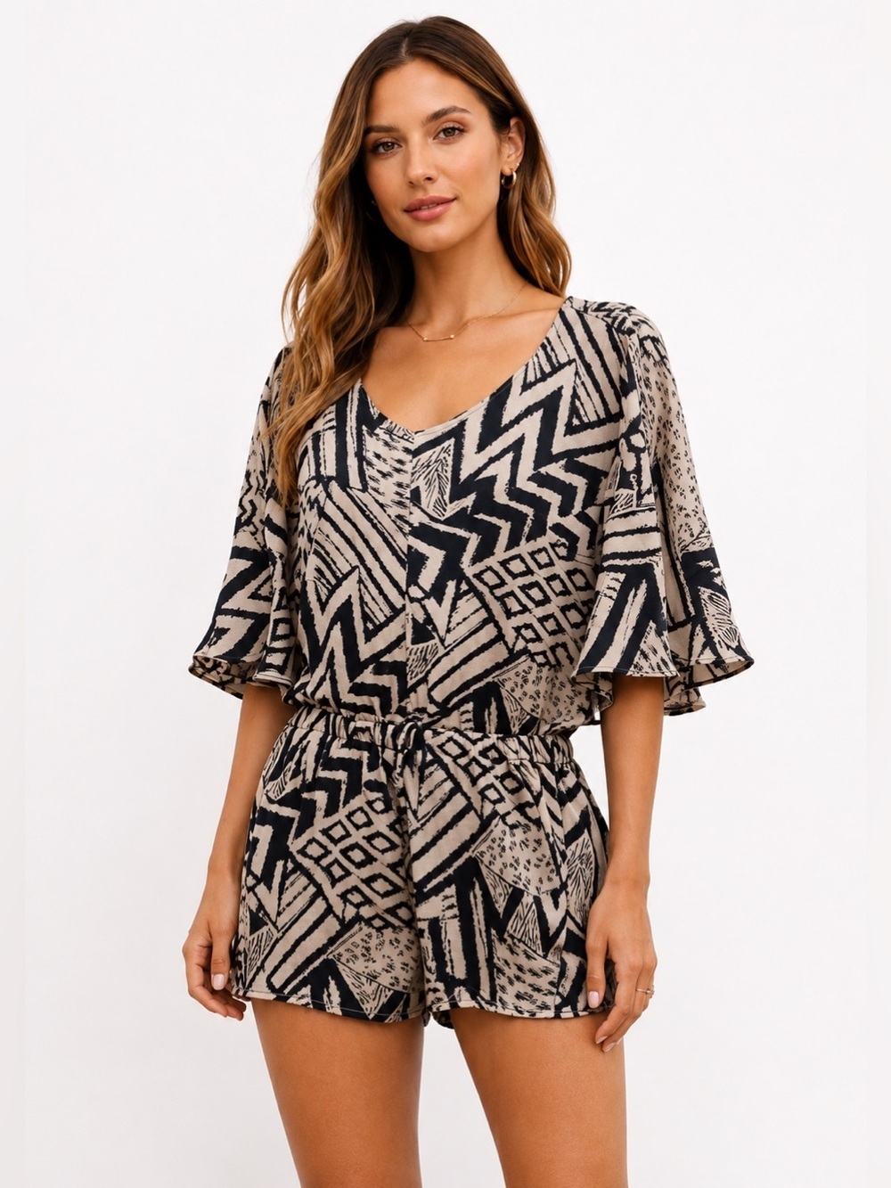 Guess Los Angeles Black Beige Tribal Print Romper Size S Flutter Sleeve Belted